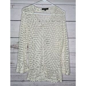 VANDANA Crochet Lace‎ Cardigan Womens Large Scalloped Hem Long Sleeve Open Knit